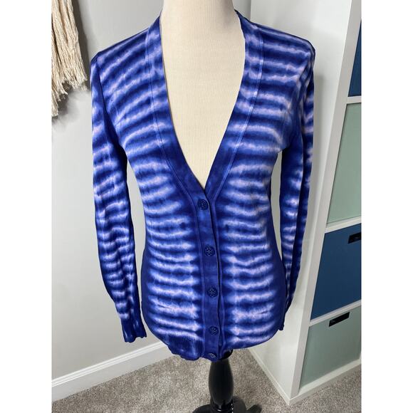 Tory Burch Blue Stripe Tiger Tie Dye Combo Pat Cardigan Small Preppy Coastal - Picture 2 of 10